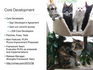 Core Development

• Core Developers
   • Sign Developer’s Agreement
   • Gain svn commit access
   • > 200 Core Developers
• Patches, Fixes, Tests
• New Features: PLIPs
  PLone Improvement Proposals
• Framework Team:
  Evaluates PLIPs as proposals
  and implementations
• Release Manager:
  Wrangles Framework Team
• http://vimeo.com/2075738
 