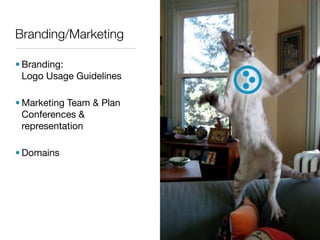 Branding/Marketing

• Branding:
  Logo Usage Guidelines

• Marketing Team & Plan
  Conferences &
  representation

• Domains
 