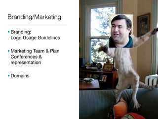 Branding/Marketing

• Branding:
  Logo Usage Guidelines

• Marketing Team & Plan
  Conferences &
  representation

• Domains
 