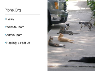 Plone.Org

• Policy

• Website Team

• Admin Team

• Hosting: 6 Feet Up
 