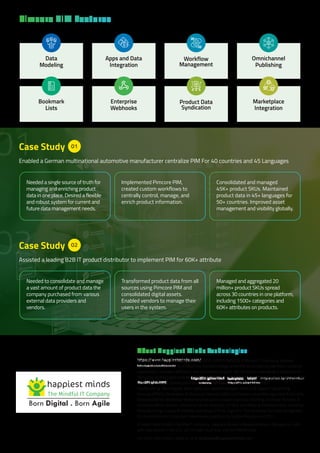 Data
Modeling
Apps and Data
Integration
Workflow
Management
Omnichannel
Publishing
Bookmark
Lists
Enterprise
Webhooks
Product Data
Syndication
Marketplace
Integration
Enabled a German multinational automotive manufacturer centralize PIM For 40 countries and 45 Languages
Needed a single source of truth for
managing and enriching product
data in one place. Desired a flexible
and robust system for current and
future data management needs.
Implemented Pimcore PIM,
created custom workflows to
centrally control, manage, and
enrich product information.
Consolidated and managed
45K+ product SKUs. Maintained
product data in 45+ languages for
50+ countries. Improved asset
management and visibility globally.
01
01
02
Case Study
Assisted a leading B2B IT product distributor to implement PIM for 60K+ attribute
Needed to consolidate and manage
a vast amount of product data the
company purchased from various
external data providers and
vendors.
Transformed product data from all
sources using Pimcore PIM and
consolidated digital assets.
Enabled vendors to manage their
users in the system.
Managed and aggregated 20
million+ product SKUs spread
across 30 countries in one platform,
including 1500+ categories and
60K+ attributes on products.
02
Case Study
https://www.happiestminds.com/services/digital-transformation/
For more information, write to us at business@happiestminds.com
https://bit.ly/4c9O6Mo
https://bit.ly/4aOPzqr
https://bit.ly/45aNALO
https://bit.ly/3Vxm5Jr
https://bit.ly/3ReQMQY https://bit.ly/4e7QTHV
https://bit.ly/4eoCXcP
https://www.happiestminds.com/
Happiest Minds Technologies Limited (NSE: HAPPSTMNDS), a Mindful IT Company, enables
digital transformation for enterprises and technology providers by delivering seamless customer
experiences, business efficiency and actionable insights. We do this by leveraging a spectrum of
disruptive technologies such as: artificial intelligence, blockchain, cloud, digital process automation,
internet of things, robotics/drones, security, virtual/ augmented reality, etc.
Positioned as ‘Born Digital. Born Agile’, our capabilities span Product & Digital Engineering
Services (PDES), Generative AI Business Services (GBS) and Infrastructure Management & Security
Services (IMSS). We deliver these services across industry groups: Banking, Financial Services &
Insurance (BFSI), EdTech, Healthcare & Life Sciences, Hi-Tech and Media & Entertainment, Industrial,
Manufacturing, Energy & Utilities, and Retail, CPG & Logistics. The company has been recognized
for its excellence in Corporate Governance practices by Golden Peacock and ICSI.
A Great Place to Work Certified™ company, Happiest Minds is headquartered in Bengaluru, India
with operations in the U.S., UK, Canada, Australia, and the Middle East.
 