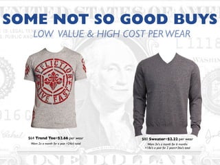 SOME NOT SO GOOD BUYS
LOW VALUE & HIGH COST PERWEAR
Worn 2x a month for a year =24x’s total
$64 Trend Tee=$2.66 per wear
Worn 3x's a month for 6 months
=18x's a year for 2 years=36x’s total
$80 Sweater=$2.22 per wear
 