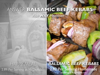ANSWER: BALSAMIC BEEF KEBABS
HAPPY MEAL BALSAMIC BEEF KEBABS
2.82 Per Serving Homemade2.89 Per Serving at McDonald’s
Also WAY Healthier
according to budgetbytes.com
 