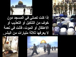 إذا كنت تصلي في المسجد دون 
خوف من التنكيل أو التعذيب أو 
العتتقال أو الموت، فأنت في نعمة 
ل يعرفها ثةلثةة مليارات من البشر. 
 