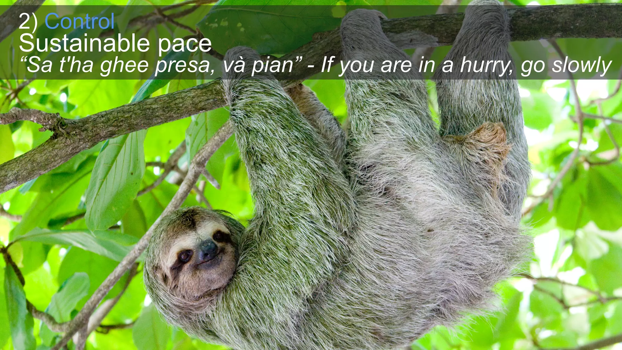 2) Control
Sustainable pace
“Sa t'ha ghee presa, và pian” - If you are in a hurry, go slowly
 
