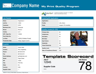 Company Name                                          My Print Quality Program

                                                                                                      This Report was created by ColorCert® v.1.9.1 Build 252
                                                                                                      Method: ColorCert® Dynamic Scoring




Job Details                                                                     ColorCert® Application
Name:                                        Happiness 2                        Application:                        ---

Job No:                                      12345                              Profile:                            Litho_Demo

Customer:                                    CPG1                               Rules                               Imagine_PS (modified)

Business Unit:                               Corporate

Brand:                                       Brand Z                            Quality Levels [0–100]
Variety:                                     Lot 1                              Primary Inks:                       69
UPC / Spec No:                               123456                             Undertones:                         76
Prod Order No:                               ---                                Dot Gains:                          90
Lot Size:                                    15000 [3 Pallettes Printed]        Min Dots:                           ---
Production Date                              Friday, August 19, 2011            Spot Colors:                        54

                                                                                Substrate:                          88
Supplier
                                                                                Visual Check-Up:                    100
Name:                                        Inland Label
                                                                                Quality Level:                      80
Contact:                                     Amy Jungerberg
                                                                                Rate of Compliance [Factor]:        0.97
Phone:                                       987 654 3210

Fax:                                         987 654 3211

Email Address:

Street:
                                             jp@defprinter.com

                                             Paper Street
                                                                                Template Scorecard


                                                                                                                                                                78
ZIP:                                         12345
                                                                                   Job #                                                                        Job Score
City:                                        Print City                            12345
State:                                       Ink

Country:                                     USA                                   Supplier Code
Supplier Code:                               ---                                   ---
©2006-2011, Dipl.-Ing. Christian Nelissen, n[c] Germany, All Rights Reserved.
 