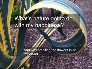 What’s nature got to do
with my happiness?
And why smelling the flowers is so
important.
 