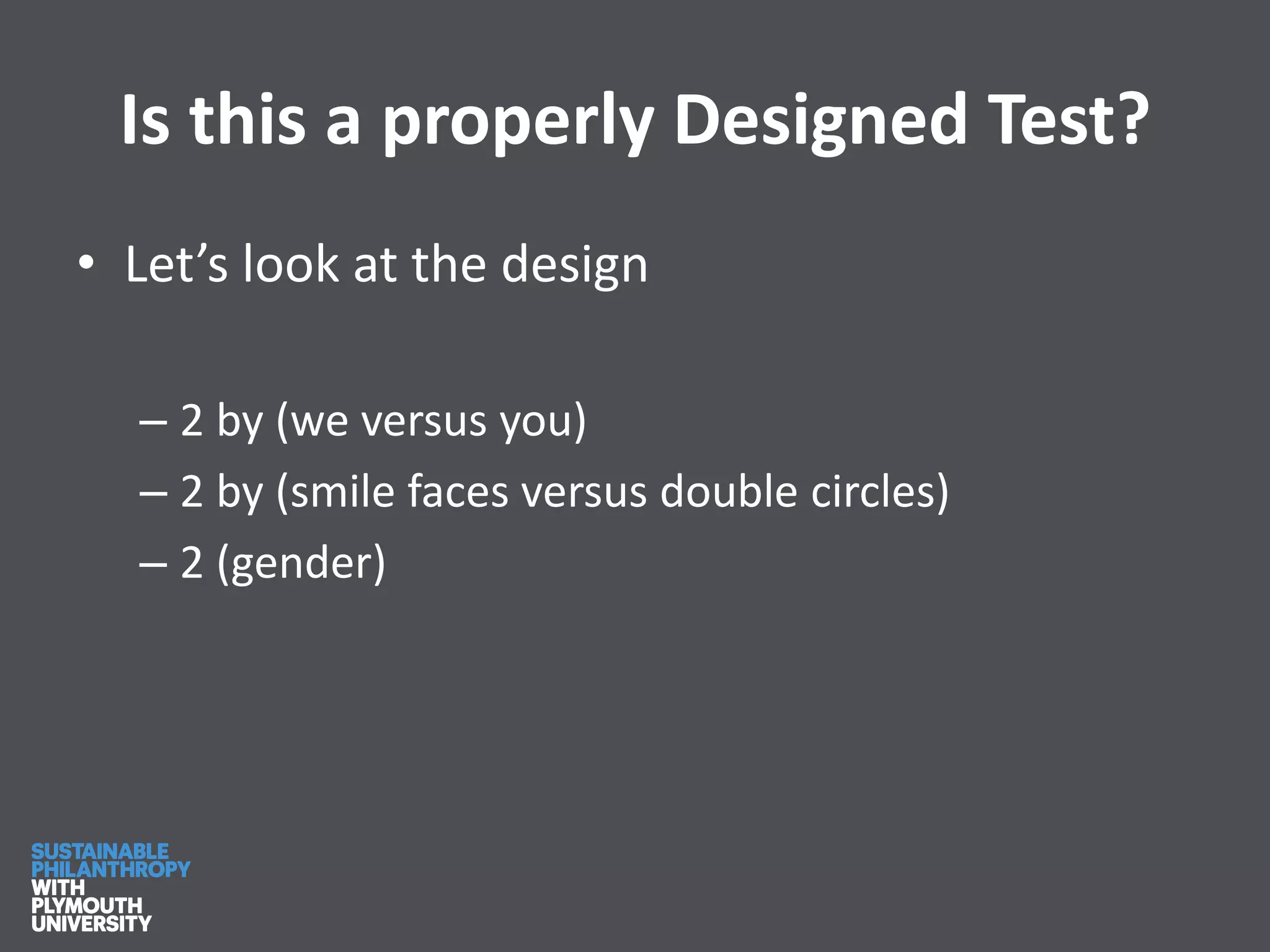 Is this a properly Designed Test?
• Let’s look at the design
– 2 by (we versus you)
– 2 by (smile faces versus double circles)
– 2 (gender)
 