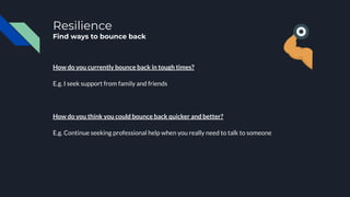 Resilience
Find ways to bounce back
How do you currently bounce back in tough times?
E.g. I seek support from family and friends
How do you think you could bounce back quicker and better?
E.g. Continue seeking professional help when you really need to talk to someone
 