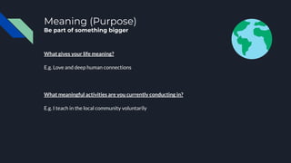 Meaning (Purpose)
Be part of something bigger
What gives your life meaning?
E.g. Love and deep human connections
What meaningful activities are you currently conducting in?
E.g. I teach in the local community voluntarily
 