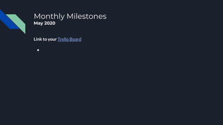 Monthly Milestones
May 2020
Link to your Trello Board
●
 