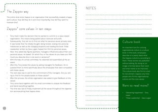 22 23
NOTES
The Zappos way
The online shoe store Zappos is an organisation that successfully created a happy
work culture. How did they do it and more importantly, how did they seem to
maintain this?
Zappos’ core values in ten steps
• Tony Hsieh made the decision that he wanted to commit to a value-based
organisation. This means being patient about revenues and profit.
• Subsequently, Tony set out to find out what his personal values actually were.
It was harder than he initially thought. Being honest, looking into personal
milestones as well as life changing situations and reading the book ‘Tribal
Leadership’ written by Dave Logan, helped him find his personal values.
• Next, Tony asked key figures (partners, managers, influencers) about their own
personal values. He asked: ‘On which four or five values do you base your life?
Could you describe this in one word or sentence?’
• With the help of a small committee, he collected and assembled all the an-
swers.
• After this, Tony tested the values by asking managers for feedback. He re-
quested them to think specifically about the employees that were compatible
with these values.
• The next step was to ask for the commitment of the managers. ‘Are you will-
ing to hire for fire people based on these values?’
• After this process, the whole organisation was asked to give feedback on the
values.
• Tony came back together with his small committee to analyse the feedback
and blend everything together.
• The time was ripe to finally implement all the values throughout the organisa-
tion and everything that Zappos does.
Culture book
An important tool for a strong
organisational culture is a culture
book. In this book, employees
describe on a yearly basis what
the Zappos-culture is, according to
them. These stories are published
without editing. By doing so, an
image is formed about their work
and what needs to be improved.
This culture book also forms a tool
for recruitment. Zappos only hires
people who fit the organisational
culture and the core values.
Want to read more?
• ‘Delivering Happiness’ - Tony
Hsieh
• ‘Tribal Leadership’ - Dave Logan
 