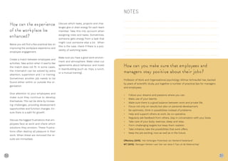 50 51
How can the experience
of the workplace be
enhanced?
Below you will find a few practical tips on
improving the workplace experience and
employee engagement.
Create a match between employees and
activities. Take action when it seems like
the match does not fit. In some cases,
the mismatch can be solved by extra
attention, supervision and / or training.
Sometimes another job needs to be
found either within or outside the or-
ganisation.
Give attention to your employees and
make sure they continue to develop
themselves. This can be done by increas-
ing challenges, providing development
opportunities and function changes. En-
sure there is a path for growth.
Discuss the biggest frustrations that em-
ployees face at work and check which
solutions they envision. These frustra-
tions often destroy all pleasure in their
work. When these are removed the re-
sults are immediate.
Discuss which tasks, projects and chal-
lenges give or drain energy for each team
member. Take this into account when
assigning roles and tasks. Sometimes,
someone gets energy from a task that
might cost someone else a lot. When
this is the case, check if there is a pos-
sibility of switching tasks.
Make sure you have a good work environ-
ment and atmosphere. Make clear-cut
agreements about behaviour and invest
in teambuilding (such as: trips, a lunch,
or a mutual training).
How can you make sure that employees and
managers stay positive about their jobs?
Professor of Work and Organisational psychology, Wilmar Schnaufeli has, backed
by years of scientific study, put together a number of practical tips for managers
and employees.
• Follow your dreams and passions where you can.
• Make use of your talents.
• Make sure there is a good balance between work and private life.
• Focus not only on results but also on personal development.
• Be optimistic, think in possibilities instead of problems.
• Help and support others at work, be co-operative.
• Regularly ask feedback from others, stay in conversation with your boss.
• Take care of your body: exercise, sleep and relax.
• Form challenging targets but keep them realistic.
• Take initiative; take the possibilities that work offers.
• Keep the job exciting, now as well as in the future.
Effectory (2015), ‘Het Verborgen Potentieel van Werkend Nederland’
MT (2015), ‘Bevlogen Werken Leer Dan van deze 5 Tips uit de Wetenschap’
NOTES
51
 