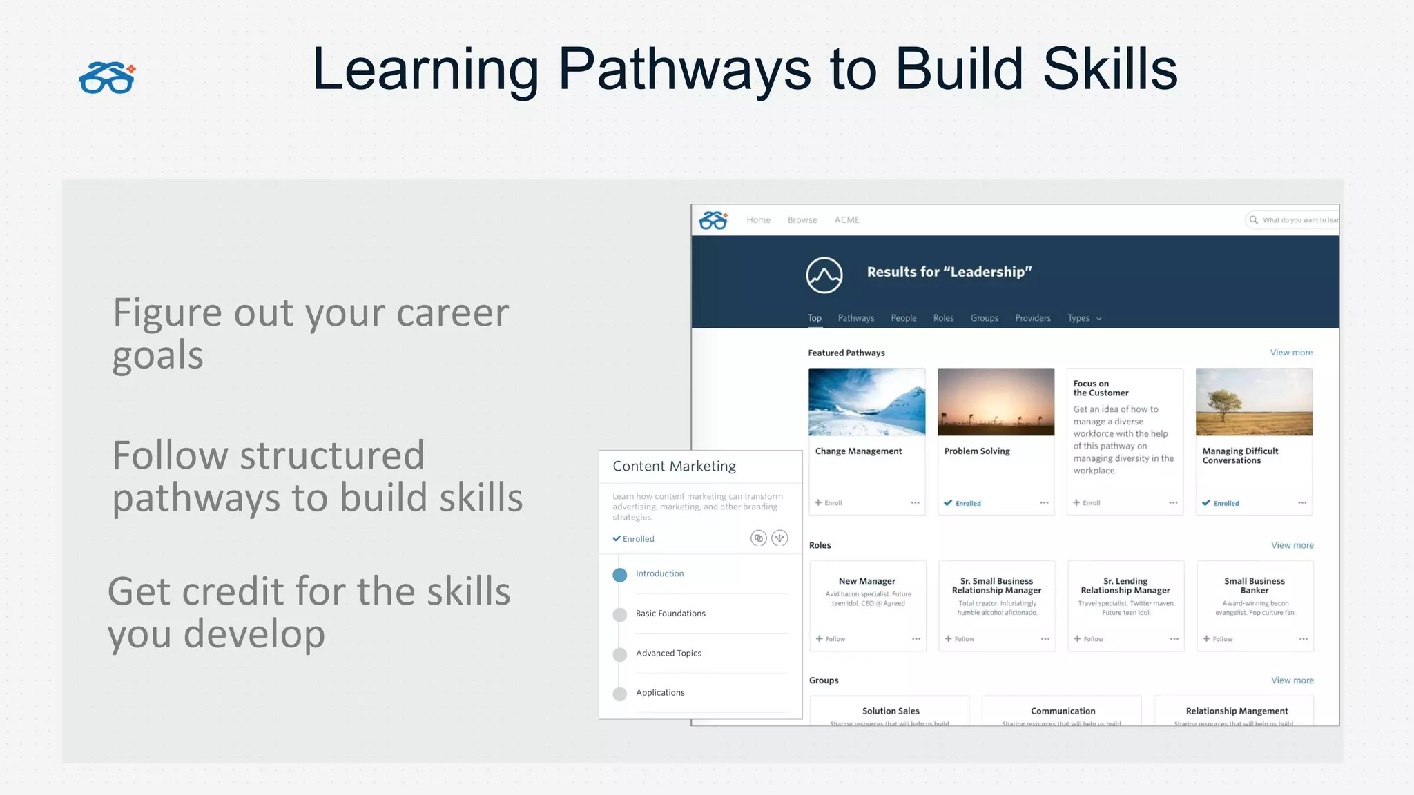 Follow structured
pathways to build skills
Learning Pathways to Build Skills
Figure out your career
goals
Get credit for the skills
you develop
 