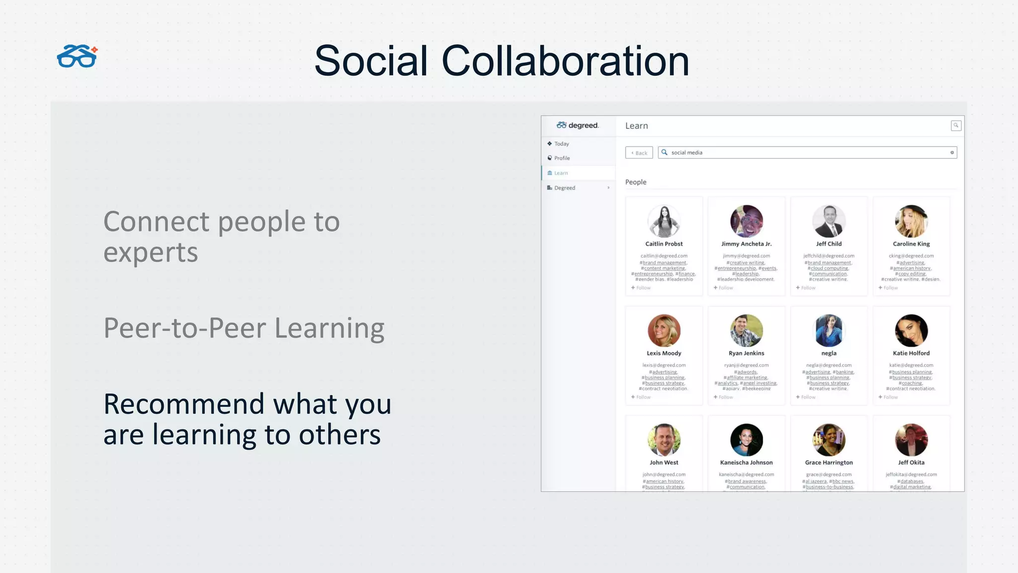 Connect people to
experts
Peer-to-Peer Learning
Recommend what you
are learning to others
Social Collaboration
 