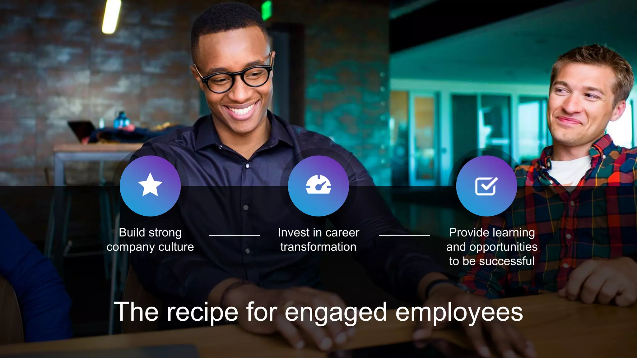 Build strong
company culture
Invest in career
transformation
Provide learning
and opportunities
to be successful
The recipe for engaged employees
 