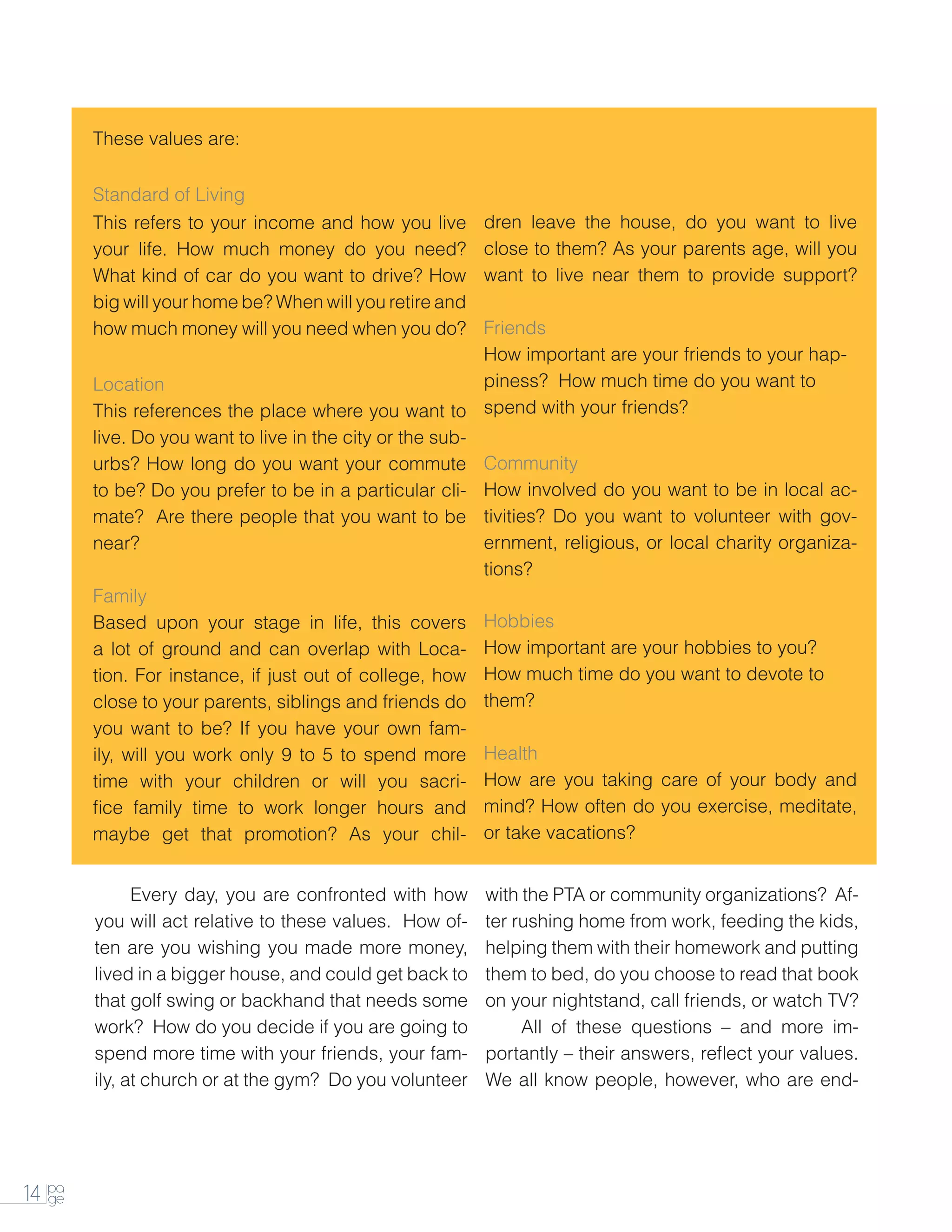 These values are:


        Standard of Living
        This refers to your income and how you live       dren leave the house, do you want to live
        your life. How much money do you need?            close to them? As your parents age, will you
        What kind of car do you want to drive? How        want to live near them to provide support?
        big will your home be? When will you retire and
        how much money will you need when you do?         Friends
                                                          How important are your friends to your hap-
        Location                                          piness? How much time do you want to
        This references the place where you want to spend with your friends?
        live. Do you want to live in the city or the sub-
        urbs? How long do you want your commute Community
        to be? Do you prefer to be in a particular cli- How involved do you want to be in local ac-
        mate? Are there people that you want to be tivities? Do you want to volunteer with gov-
        near?                                             ernment, religious, or local charity organiza-
                                                          tions?
        Family
        Based upon your stage in life, this covers Hobbies
        a lot of ground and can overlap with Loca- How important are your hobbies to you?
        tion. For instance, if just out of college, how How much time do you want to devote to
        close to your parents, siblings and friends do them?
        you want to be? If you have your own fam-
        ily, will you work only 9 to 5 to spend more Health
        time with your children or will you sacri- How are you taking care of your body and
        fice family time to work longer hours and mind? How often do you exercise, meditate,
        maybe get that promotion? As your chil- or take vacations?


        		 day, you are confronted with how
         Every                                            with the PTA or community organizations? Af-
        you will act relative to these values. How of-    ter rushing home from work, feeding the kids,
        ten are you wishing you made more money,          helping them with their homework and putting
        lived in a bigger house, and could get back to    them to bed, do you choose to read that book
        that golf swing or backhand that needs some       on your nightstand, call friends, or watch TV?
        work? How do you decide if you are going to       		 of these questions – and more im-
                                                               All
        spend more time with your friends, your fam-      portantly – their answers, reflect your values.
        ily, at church or at the gym? Do you volunteer    We all know people, however, who are end-




14 pa
   ge
 