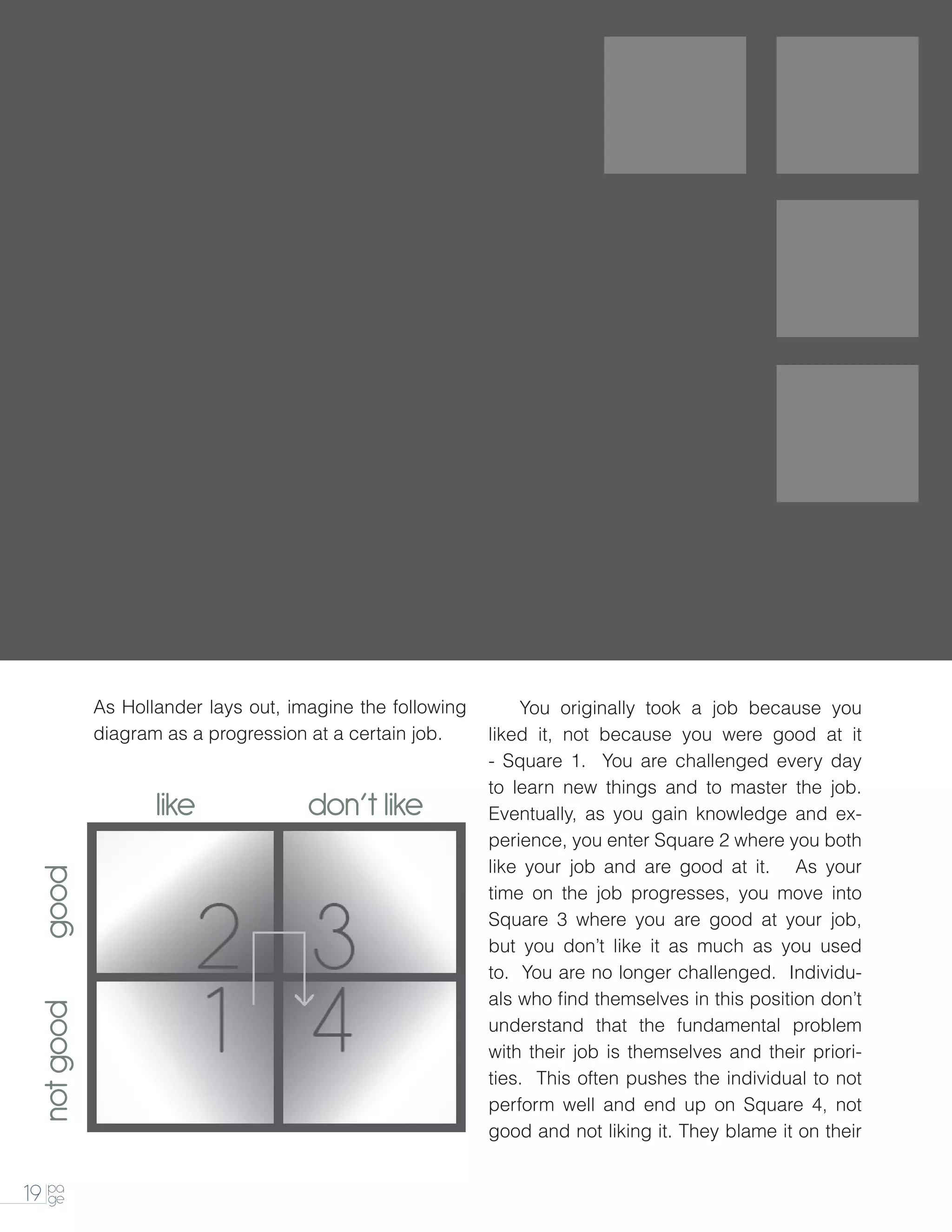 A
        	 s Hollander lays out, imagine the following   	   Y
                                                            	ou originally took a job because you
        diagram as a progression at a certain job.      liked it, not because you were good at it
                                                        - Square 1. You are challenged every day
                                                        to learn new things and to master the job.
                                                        Eventually, as you gain knowledge and ex-
                                                        perience, you enter Square 2 where you both
                                                        like your job and are good at it. As your
                                                        time on the job progresses, you move into
                                                        Square 3 where you are good at your job,
                                                        but you don’t like it as much as you used
                                                        to. You are no longer challenged. Individu-
                                                        als who find themselves in this position don’t
                                                        understand that the fundamental problem
                                                        with their job is themselves and their priori-
                                                        ties. This often pushes the individual to not
                                                        perform well and end up on Square 4, not
                                                        good and not liking it. They blame it on their


19 pa
   ge
 
