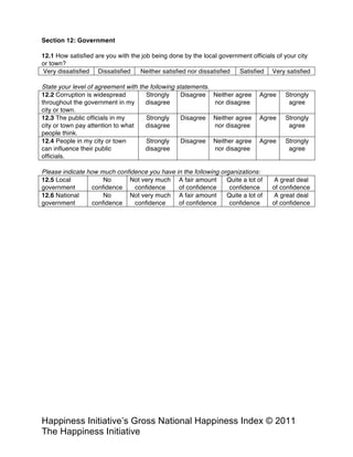 Happiness Alliance’s Happiness Index/Gross National Happiness Index ©
2011 Happiness Alliance (formerly The Happiness Initiative)
Section 12: Government
12.1 How satisfied are you with the job being done by the local government officials of your city
or town?
Very dissatisfied Dissatisfied Neither satisfied nor dissatisfied Satisfied Very satisfied
State your level of agreement with the following statements.
12.2 Corruption is widespread
throughout the government in my
city or town.
Strongly
disagree
Disagree Neither agree
nor disagree
Agree Strongly
agree
12.3 The public officials in my
city or town pay attention to what
people think.
Strongly
disagree
Disagree Neither agree
nor disagree
Agree Strongly
agree
12.4 People in my city or town
can influence their public
officials.
Strongly
disagree
Disagree Neither agree
nor disagree
Agree Strongly
agree
Please indicate how much confidence you have in the following organizations:
12.5 Local
government
No
confidence
Not very much
confidence
A fair amount
of confidence
Quite a lot of
confidence
A great deal
of confidence
12.6 National
government
No
confidence
Not very much
confidence
A fair amount
of confidence
Quite a lot of
confidence
A great deal
of confidence
Section 13: Material Well-Being
 