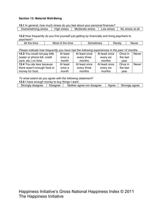 Happiness Alliance’s Happiness Index/Gross National Happiness Index ©
2011 Happiness Alliance (formerly The Happiness Initiative)
13.1 In general, how much stress do you feel about your personal finances?
Overwhelming stress High stress Moderate stress Low stress No stress at all
13.2 How frequently do you find yourself just getting by financially and living paycheck to
paycheck?
All the time Most of the time Sometimes Rarely Never
Please indicate how frequently you have had the following experiences in the past 12 months.
13.3 You could not pay bills
(water or phone bill, credit
card, etc.) on time.
At least
once a
month
At least once
every three
months
At least once
every six
months
Once in
the last
year
Never
13.4 You ate less because
there wasn’t enough food or
money for food.
At least
once a
month
At least once
every three
months
At least once
every six
months
Once in
the last
year
Never
To what extent do you agree with the following statement?
13.5 I have enough money to buy things I want.
Strongly disagree Disagree Neither agree nor disagree Agree Strongly agree
Section 14: Work
 
