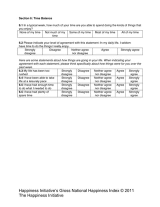 Happiness Alliance’s Happiness Index/Gross National Happiness Index ©
2011 Happiness Alliance (formerly The Happiness Initiative)
6.1 In a typical week, how much of your time are you able to spend doing the kinds of things that
you enjoy?
None of my time Not much of my
time
Some of my time Most of my time All of my time
6.2 Please indicate your level of agreement with this statement: In my daily life, I seldom
have time to do the things I really enjoy.
Strongly
disagree
Disagree Neither agree
nor disagree
Agree Strongly agree
Here are some statements about how things are going in your life. When indicating your
agreement with each statement, please think specifically about how things were for you over the
past week.
6.3 My life has been too
rushed
Strongly
disagree
Disagree Neither agree
nor disagree
Agree Strongly
agree
6.4 I have been able to take
life at a leisurely pace
Strongly
disagree
Disagree Neither agree
nor disagree
Agree Strongly
agree
6.5 I have had enough time
to do what I needed to do
Strongly
disagree
Disagree Neither agree
nor disagree
Agree Strongly
agree
6.5 I have had plenty of
spare time
Strongly
disagree
Disagree Neither agree
nor disagree
Agree Strongly
agree
 