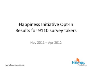 Happiness	
  Ini*a*ve	
  Opt-­‐In	
  
           Results	
  for	
  9110	
  survey	
  takers	
  

                          Nov	
  2011	
  –	
  Apr	
  2012	
  




www.happycounts.org	
  
 