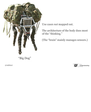 Use cases not mapped out.

                        The architecture of the body does most
                        of the “thinking.”

                        (The “brain” mainly manages sensors.)




            “Big Dog”

@inkblurt
 
