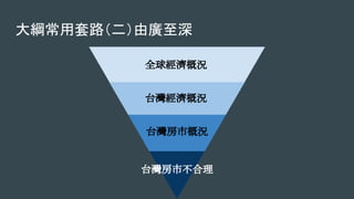 大綱常用套路（二）由廣至深
全球經濟概況
台灣經濟概況
台灣房市概況
台灣房市不合理
 