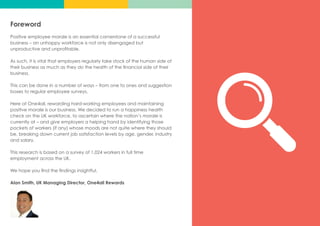Foreword
Positive employee morale is an essential cornerstone of a successful
business – an unhappy workforce is not only disengaged but
unproductive and unprofitable.
As such, it is vital that employers regularly take stock of the human side of
their business as much as they do the health of the financial side of their
business.
This can be done in a number of ways – from one to ones and suggestion
boxes to regular employee surveys.
Here at One4all, rewarding hard-working employees and maintaining
positive morale is our business. We decided to run a happiness health
check on the UK workforce, to ascertain where the nation’s morale is
currently at – and give employers a helping hand by identifying those
pockets of workers (if any) whose moods are not quite where they should
be, breaking down current job satisfaction levels by age, gender, industry
and salary.
This research is based on a survey of 1,024 workers in full time
employment across the UK.
We hope you find the findings insightful.
Alan Smith, UK Managing Director, One4all Rewards
 