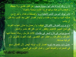 إذا زارتك شدة فاعلم أنها سحابة صيف  عن قليل تقشع ,  ولا يخيفك رعدها ولا يرهبك برقها فربما كانت محملة بالغيث   . تاب أبوك آدم من الذنب فاجتباه ربه  واصطفاه وهداه ,  وأخرج من صلبه أنبياء وشهداء وعلماء وأولياء ,  فصار أعلى بعد الذنب منه قبل أن يذنب   . ناح نوح والطوفان كالبركان  فهتف :  يا رحمان يا منان ,  فجاءه الغوث في لمح البصر فانتصر وظفر ,  أما من كفر فقد خسر واندحر . أصبح يونس في قاع البحر في ظلمات  ثلاث فأرسل رسالة عاجلة فبها اعتراف بالاقتراف ,  واعتذر عن التقصير ,  فجاء الغوث كالبرق لأن البرقية صادقة . غسل داود بدموعه ذنوبه  فصار ثوب توبته أبيض لأن القماش نسج في المحراب والخياط أمين ,  وغسل الثوب في السحر . MuslimDesktop,com 