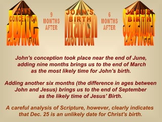 A careful analysis of Scripture, however, clearly indicates  that Dec. 25 is an unlikely date for Christ's birth. 6 MONTHS AFTER 9 MONTHS AFTER John's conception took place near the end of June, adding nine months brings us to the end of March as the most likely time for John's birth. Adding another six months (the difference in ages between John and Jesus) brings us to the end of September as the likely time of Jesus' Birth. Last Week June JOHN'S CONCEPTION Last Week March  JOHN'S BIRTH Last Week September JESUS' BIRTH 