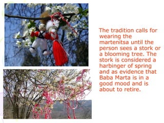 The tradition calls for
wearing the
martenitsa until the
person sees a stork or
a blooming tree. The
stork is considered a
harbinger of spring
and as evidence that
Baba Marta is in a
good mood and is
about to retire.
 