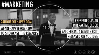 #MARKETING
PRESENTED AS AN
INTERACTIVE CLOCK
AN OFFICIAL 4-MINUTE EDIT
RELEASED ON YOUTUBE
24HOURSOFHAPPY.COM
WEAREHAPPYFROM.COM
TO SHOWCASE THE REMAKES
 