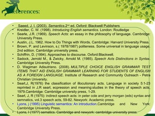 References:
• Saeed, J. I. (2003). Semantics.2nd
ed. Oxford: Blackwell Publishers
• Kreidler, C. W. (1998). Introducing English semantics. London: Routledge
• Searle, J.R. (1969). Speech Acts: an essay in the philosophy of language. Cambridge:
University Press.
• Austin, J.L. 1962. How to Do Things with Words. Cambridge: Harvard University Press.
• Brown, P. and Levinson, s.( 1978/1987) politeness. Some universal in language usage.
2nd edition. Cambridge university press.
• Schiffrin, D. (1994). Approaches to discourse. Oxford:Blackwell.
• Sadock, Jerrold M., & Zwicky, Arnold M. (1985). Speech Acts Distinctions in Syntax.
Cambridge University Press.
• D. Wagiman Adisutrisno. (2008). MULTIPLE CHOICE ENGLISH GRAMMAR TEST
ITEMS THAT AID ENGLISH GRAMMAR LEARNING FOR STUDENTS OF ENGLISH
AS A FOREIGN LANGUAGE. Institute of Research and Community Outreach - Petra
Christian University.
• Searl,J, R(1976) the classification of illocutionary acts. Language in society 5:1-23
reprinted in J,R searl, ecpression and meaning:studies in the theory of speech acts,
1979.Cambridge: Cambridge university press, 1-29.
• Searl, J, R (1975): indirect speech acts: in peter cole and jerry morgan (eds) syntax and
semnatics, vol.3 speech acts, 59-82. Newyork: Academic press.
• Lyons, j (1995) Linguistic semantics: An introduction.Cambridge and New York:
Cambridge University Press.
• Lyons, I (1977) sematics. Cambridge and newyork: cambridge university press.
 