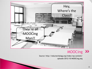 Source: http://eductechalogy.org/index/wp-content/
uploads/2012/10/MOOCing.png
32
MOOCingMOOCing
 