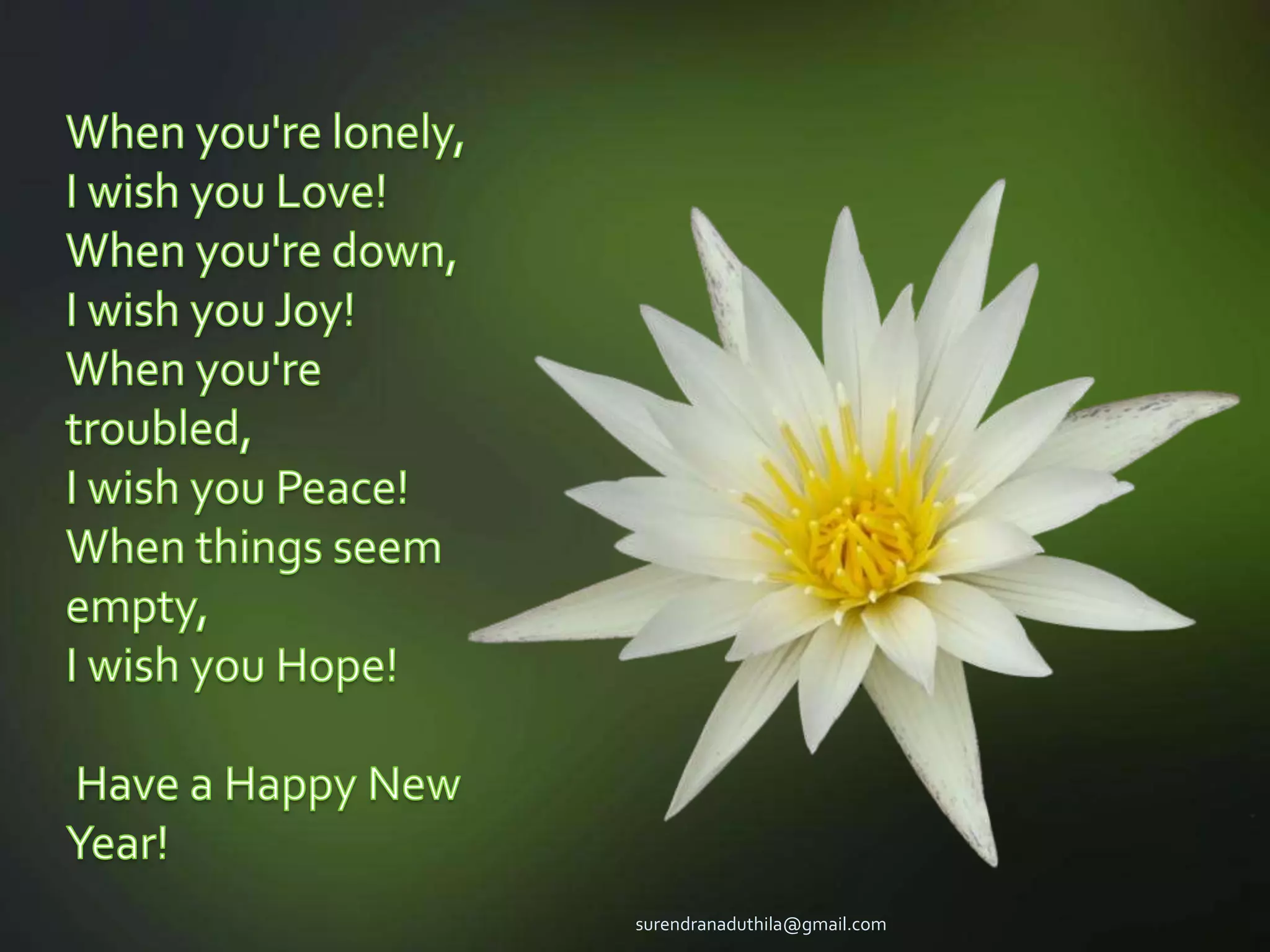When you're lonely, I wish you Love! When you're down, I wish you Joy! When you're troubled, I wish you Peace! When things seem empty, I wish you Hope! Have a Happy New Year!surendranaduthila@gmail.com