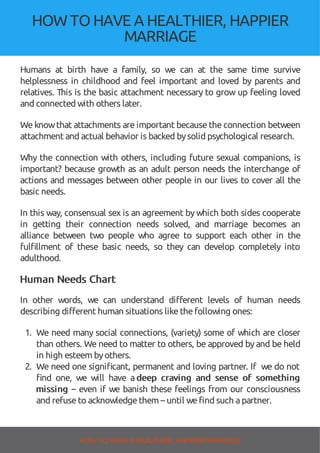 HOW TOHAVE A HEALTHIER, HAPPIER
MARRIAGE
Humans at birth have a family, so we can at the same time survive
helplessness in childhood and feel important and loved by parents and
relatives. This is the basic attachment necessary to grow up feeling loved
and connected with others later.
We knowthat attachments are important because the connection between
attachment and actual behavior is backed bysolid psychological research.
Why the connection with others, including future sexual companions, is
important? because growth as an adult person needs the interchange of
actions and messages between other people in our lives to cover all the
basic needs.
In this way, consensual sex is an agreement by which both sides cooperate
in getting their connection needs solved, and marriage becomes an
alliance between two people who agree to support each other in the
ful llment of these basic needs, so they can develop completely into
adulthood.
Human Needs Chart
In other words, we can understand di erent levels of human needs
describing different human situations likethefollowing ones:
1. We need many social connections, (variety) some of which are closer
than others. We need to matter to others, be approved byand be held
in high esteem byothers.
2. We need one signi cant, permanent and loving partner. If we do not
nd one, we will have a deep craving and sense of something
missing – even if we banish these feelings from our consciousness
and refuseto acknowledgethem – until wefind such apartner.
HOW TO HAVE AHEALTHIER, HAPPIER MARRIAGE
 