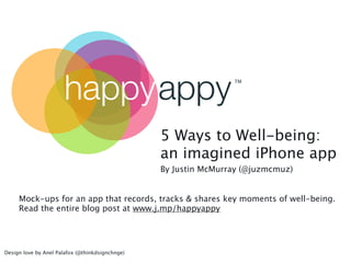 happyappy                                  TM




                                                 5 Ways to Well-being:
                                                 an imagined iPhone app
                                                 By Justin McMurray (@juzmcmuz)


     Mock-ups for an app that records, tracks & shares key moments of well-being.
     Read the entire blog post at www.j.mp/happyappy




Design love by Anel Palafox (@thinkdsignchnge)
 