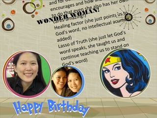 and  for oth nd how she s her own
                   a
          rages               also ha
   encou t even she N!
       do thaWiOMA
    to R az ng!)                       in ts us t
                                                  o
     D  Es-am
 ONcare factor (she j ctual a  ust po cumen
W            g                  le
     Healin rd, no intel
         d 's w o                              's
      Go                            tl et God
      ad  ded)             (s he jus us and
                   Truth             ht
       La sso of ks, she taug tand on
        word     spea          g  us to s
                      t eachin
         co ntinue )
                       rd
          Go  d 's w o
 