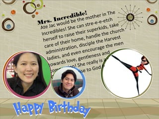 e
              ible! other in Th
       ncrede the m -e-etch
 rs. Iwould b
M Ja c                   e
                  n stre- ds, take
Ate          e ca    h              i
          i bles! S their superk e church
 Incred o raise                      th
           f t             andle arvest
  hersel heir home, h e the H
               t            l               n
   care of ation, discip age the me
    adm   inistr ven encour nd
              , and e gentleness a uper mom.
     ladies love,                       s
                 s            l ly is a ising up
      toward ion! She rea d for ra
       co mpass raise to Go
                      p
        Glo  ry and :)
                       !
        an a    te Jac!
 