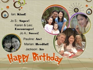 Ian: Kind!

Jo S.: Super!
   Karen & Leo:
   Encourager!
       Jo A.: Sweet!
         Pauline: Ate!
         Marian: Heedful!
          Jackson: Ate
 