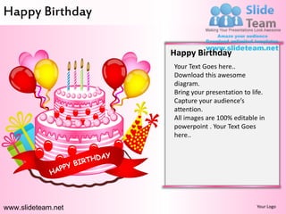 Happy Birthday

                    Happy Birthday
                    Your Text Goes here..
                    Download this awesome
                    diagram.
                    Bring your presentation to life.
                    Capture your audience’s
                    attention.
                    All images are 100% editable in
                    powerpoint . Your Text Goes
                    here..




www.slideteam.net                                Your Logo
 