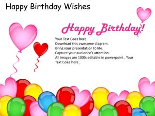 Happy Birthday Wishes



            Your Text Goes here..
            Download this awesome diagram.
            Bring your presentation to life.
            Capture your audience’s attention.
            All images are 100% editable in powerpoint . Your
            Text Goes here..




                                                                Your Logo
 