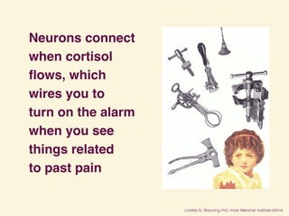 Neurons connect
when cortisol
ﬂows, which
wires you to
turn on the alarm
when you see
things related
to past pain
 
