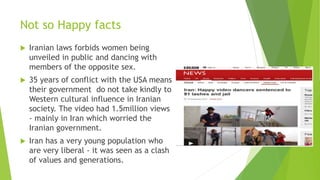 Not so Happy facts
 Iranian laws forbids women being
unveiled in public and dancing with
members of the opposite sex.
 35 years of conflict with the USA means
their government do not take kindly to
Western cultural influence in Iranian
society. The video had 1.5million views
- mainly in Iran which worried the
Iranian government.
 Iran has a very young population who
are very liberal - it was seen as a clash
of values and generations.
 
