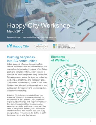 1
Happy City Workshop
March 2015
thehappycity.com · columbiainstitute.ca · civicgovernance.ca
Building happiness
into BC communities
Urban systems influence the way we feel,
behave and interact with each other in ways that
many of us fail to realize. In a world of conflicting
goals and complex systems, it can be easy to
overlook the urban design/well-being connection.
But policymakers around the world are embracing
wellbeing as a legitimate and necessary goal.
Jurisdictions from Bhutan to France to theUnited
Nations have adopted happiness indices to help
guide urban development and economic policy.
Cities need to catch up.
In March, 2015, elected municipal officials from
around the Province of British Columbia took up
the challenge at the Centre for Civic Governance
High Ground conference. With help from the Happy
City team, they explored how to use emerging
evidence from public health, psychology and other
fields to design more wellbeing into communities.
Then they focused their attention on a case study:
a neighborhood in transition in the District of North
Vancouver. Here is what they learned:
Food
Shelter
Security
Social Ties
Sustainability
Health Freedom
Meaning+
Belonging
Joy vs
Pain
Wealth+
Equity
Mastery
Elements
of Wellbeing
 