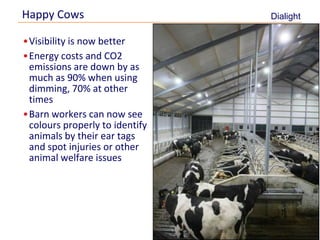 Happy Cows                      Dialight

     •Visibility is now better
     •Energy costs and CO2
      emissions are down by as
      much as 90% when using
      dimming, 70% at other
      times
     •Barn workers can now see
      colours properly to identify
      animals by their ear tags
      and spot injuries or other
      animal welfare issues




10
 