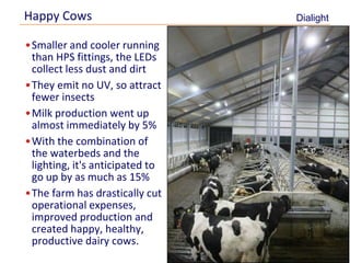 Happy Cows                       Dialight

     •Smaller and cooler running
      than HPS fittings, the LEDs
      collect less dust and dirt
     •They emit no UV, so attract
      fewer insects
     •Milk production went up
      almost immediately by 5%
     •With the combination of
      the waterbeds and the
      lighting, it's anticipated to
      go up by as much as 15%
     •The farm has drastically cut
      operational expenses,
      improved production and
      created happy, healthy,
      productive dairy cows.
11
 