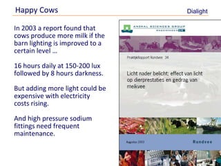 Happy Cows                       Dialight

    In 2003 a report found that
    cows produce more milk if the
    barn lighting is improved to a
    certain level …

    16 hours daily at 150-200 lux
    followed by 8 hours darkness.

    But adding more light could be
    expensive with electricity
    costs rising.

    And high pressure sodium
    fittings need frequent
    maintenance.


5
 