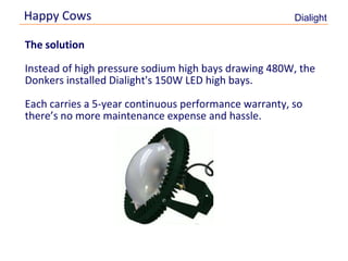 Happy Cows                                             Dialight

    The solution

    Instead of high pressure sodium high bays drawing 480W, the
    Donkers installed Dialight's 150W LED high bays.

    Each carries a 5-year continuous performance warranty, so
    there’s no more maintenance expense and hassle.




6
 